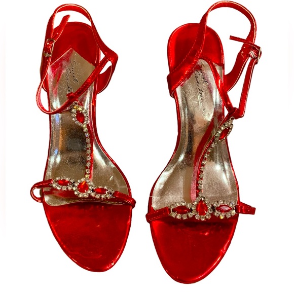 Sweet Seventeen Red Metallic Bling Sparkle Rhinestone strappy heels shoes sz 7 - Picture 1 of 10